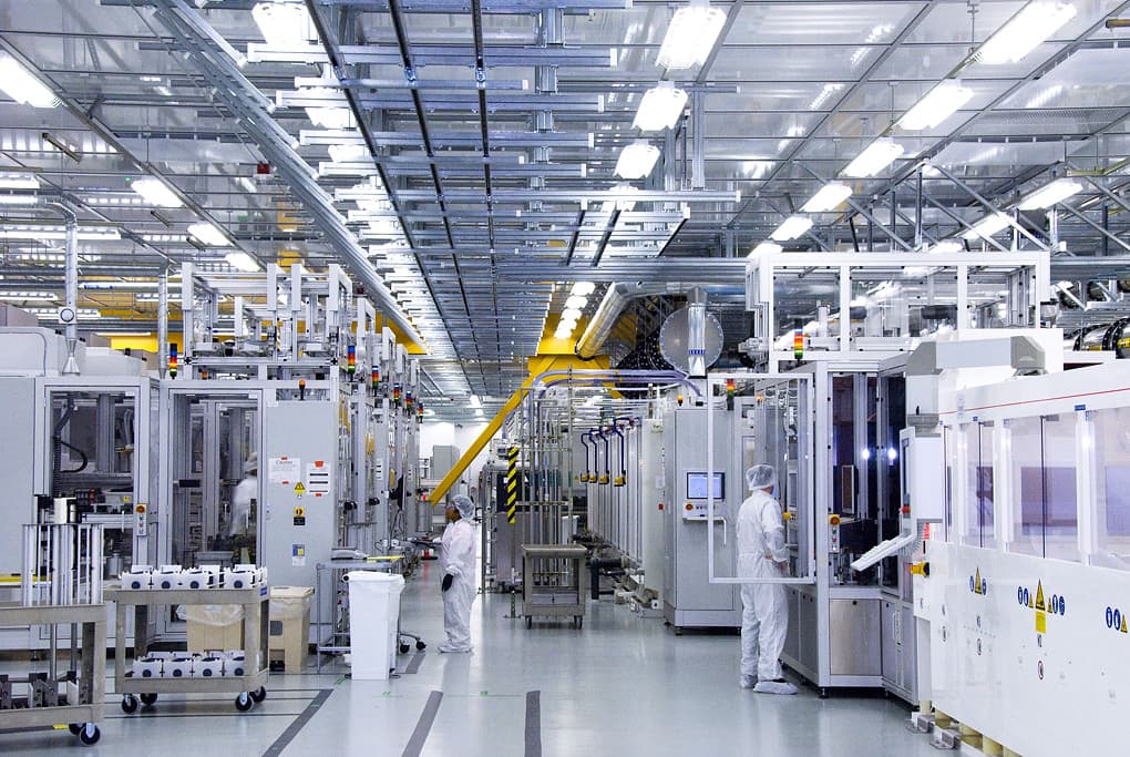 Solar equipment facility with production lines and technical workstations