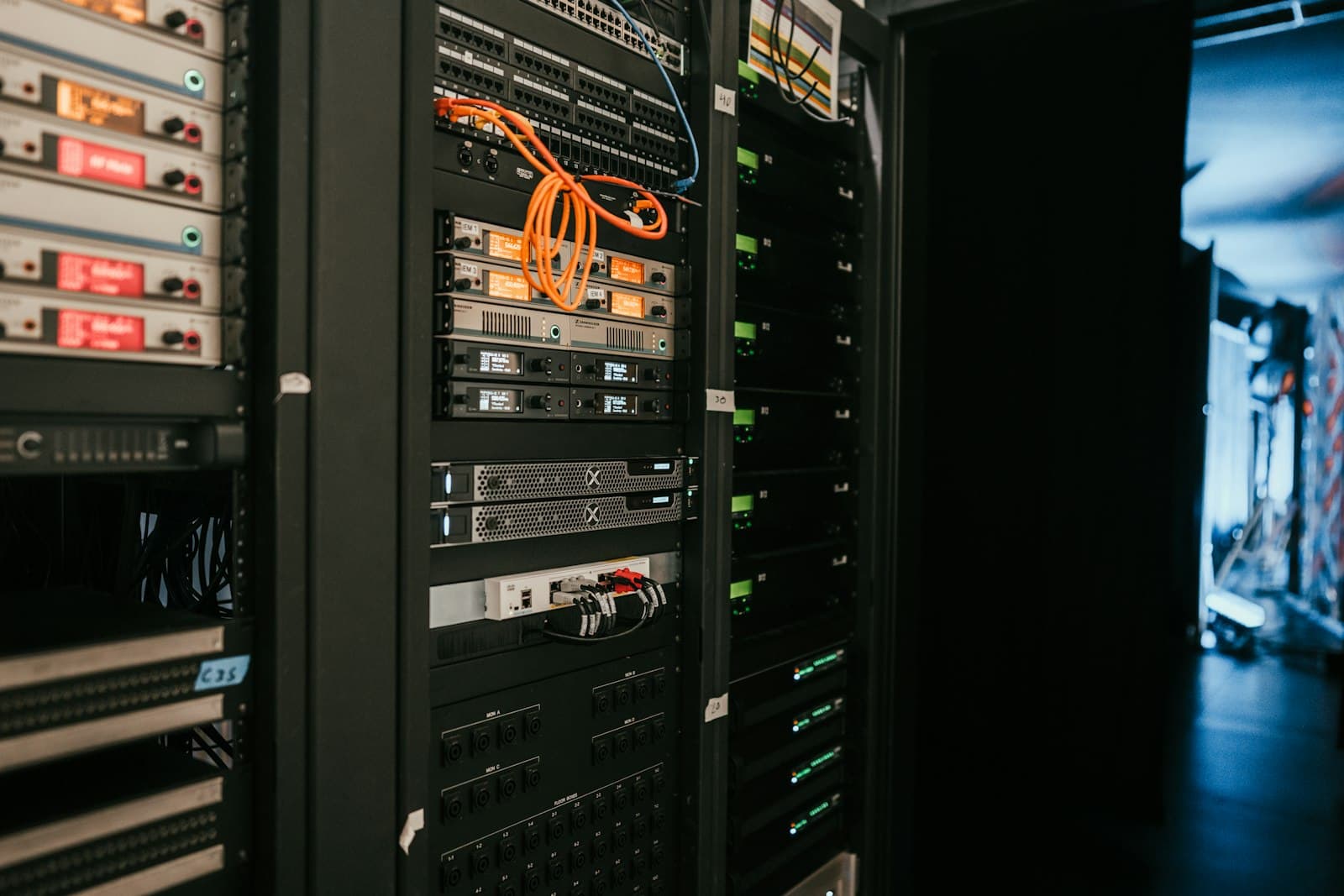 Server infrastructure and data center equipment arranged in racks