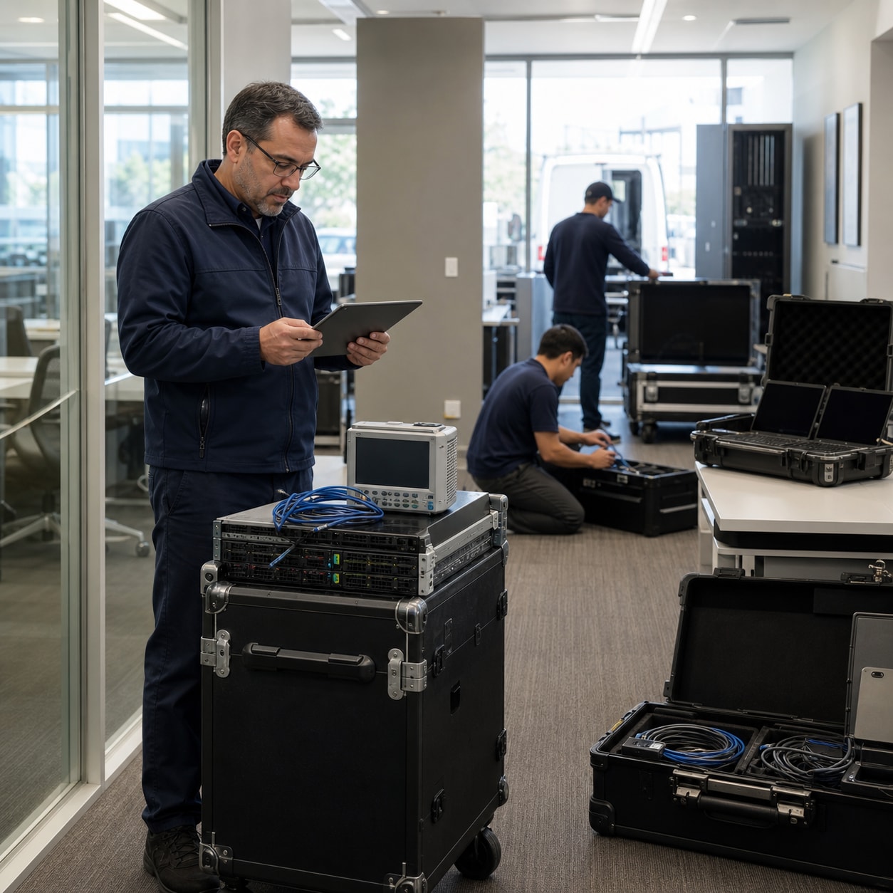 Project lead coordinating technicians and mixed technology equipment during a site transition