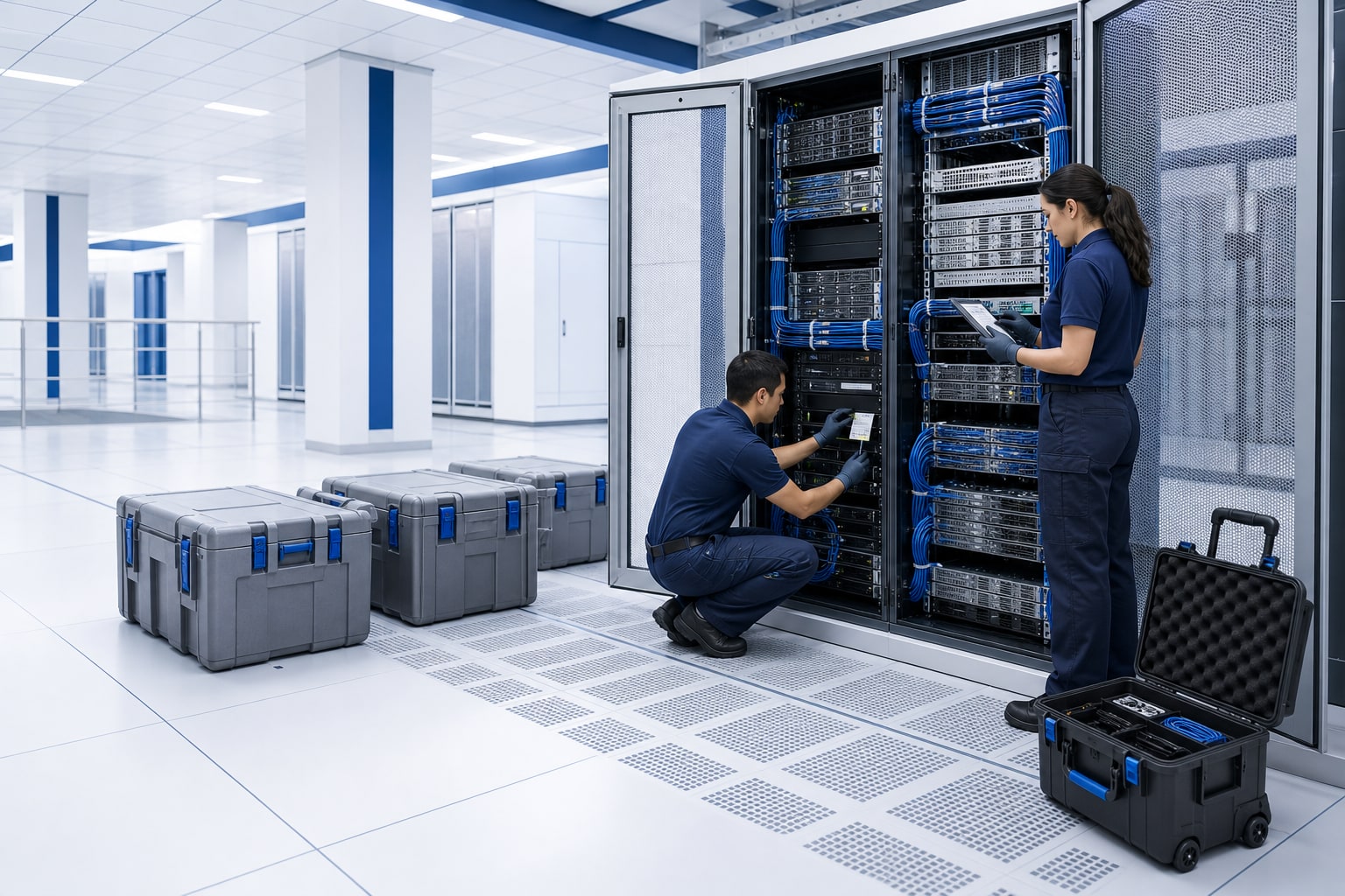 TALC field technicians auditing equipment inside a modern data center