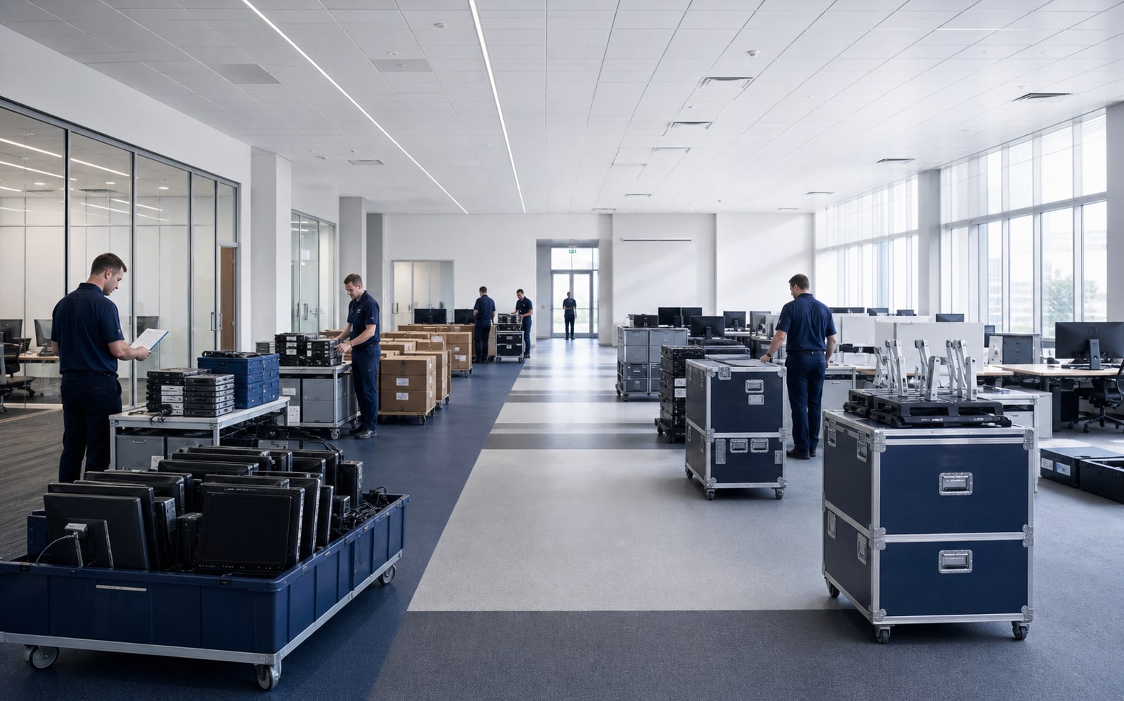 Large corporate facility organized into controlled equipment removal zones